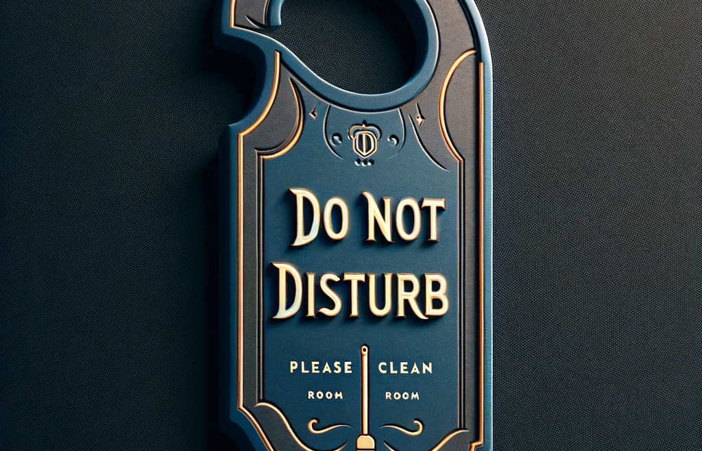 Sophisticated 'Do Not Disturb' door hanger for hotels, reversible with 'Please Clean Room' message, in a stylish deep blue and gold color palette