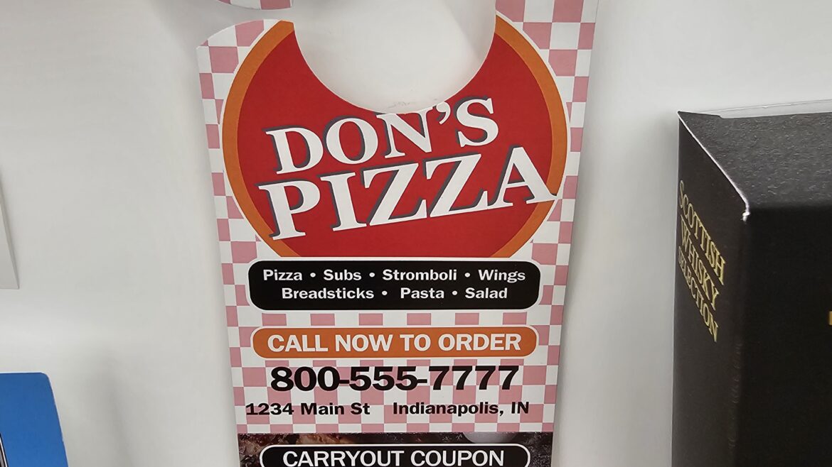 Custom printed and cutout door hanger, featuring brand and logo, ideal for promotional or informational use
